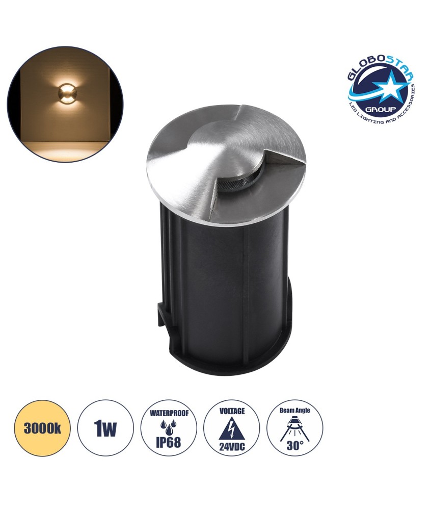 GLOBOSTAR® UNDERGROUNDRENA 90662 Φωτιστικό Σκαλοπατιού - Διαδρόμου LED 1W 110lm 30° DC 24V Αδιάβροχο IP65 Θερμό Λευκό 2700K Dimmable - Bridgelux SMD Chip - Ανοξείδωτο Ατσάλι 304 - Μ5 x Π5 x Υ9cm - Q4.2cm - 3 Χρόνια Εγγύηση